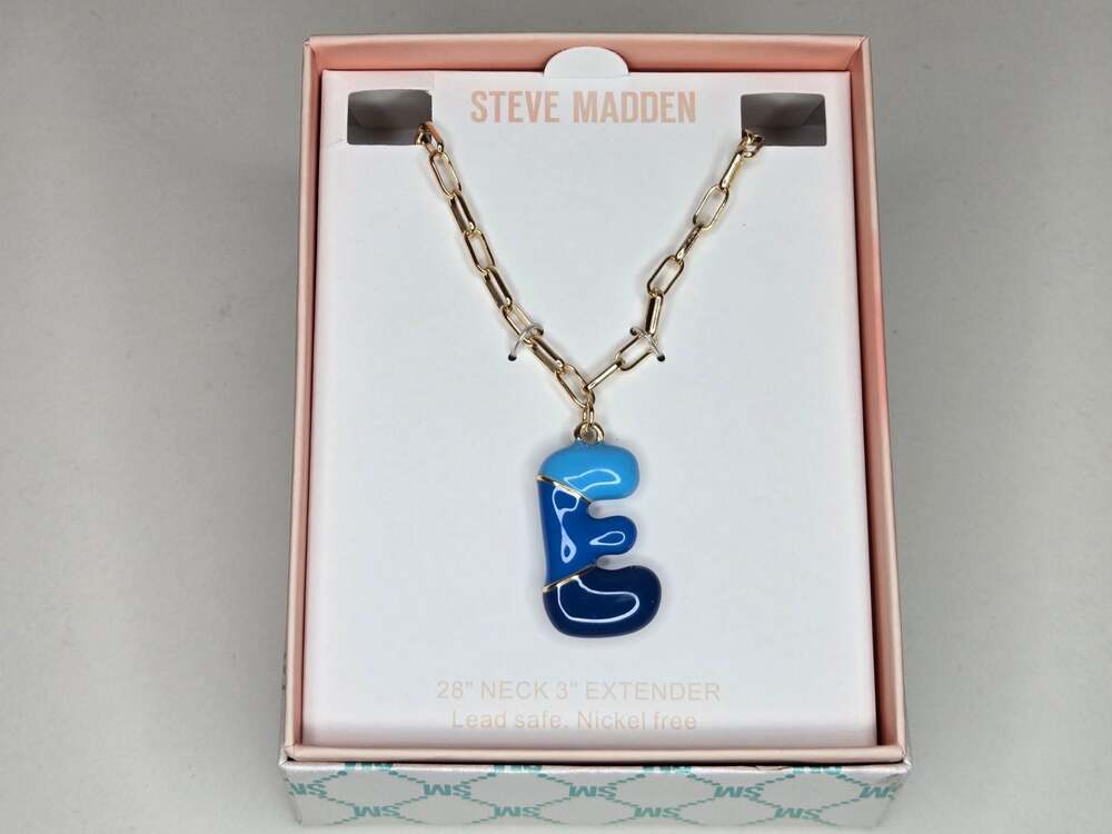 Steve Madden Blue Enamel Letter E Initial Pendant Paperclip Chain Necklace